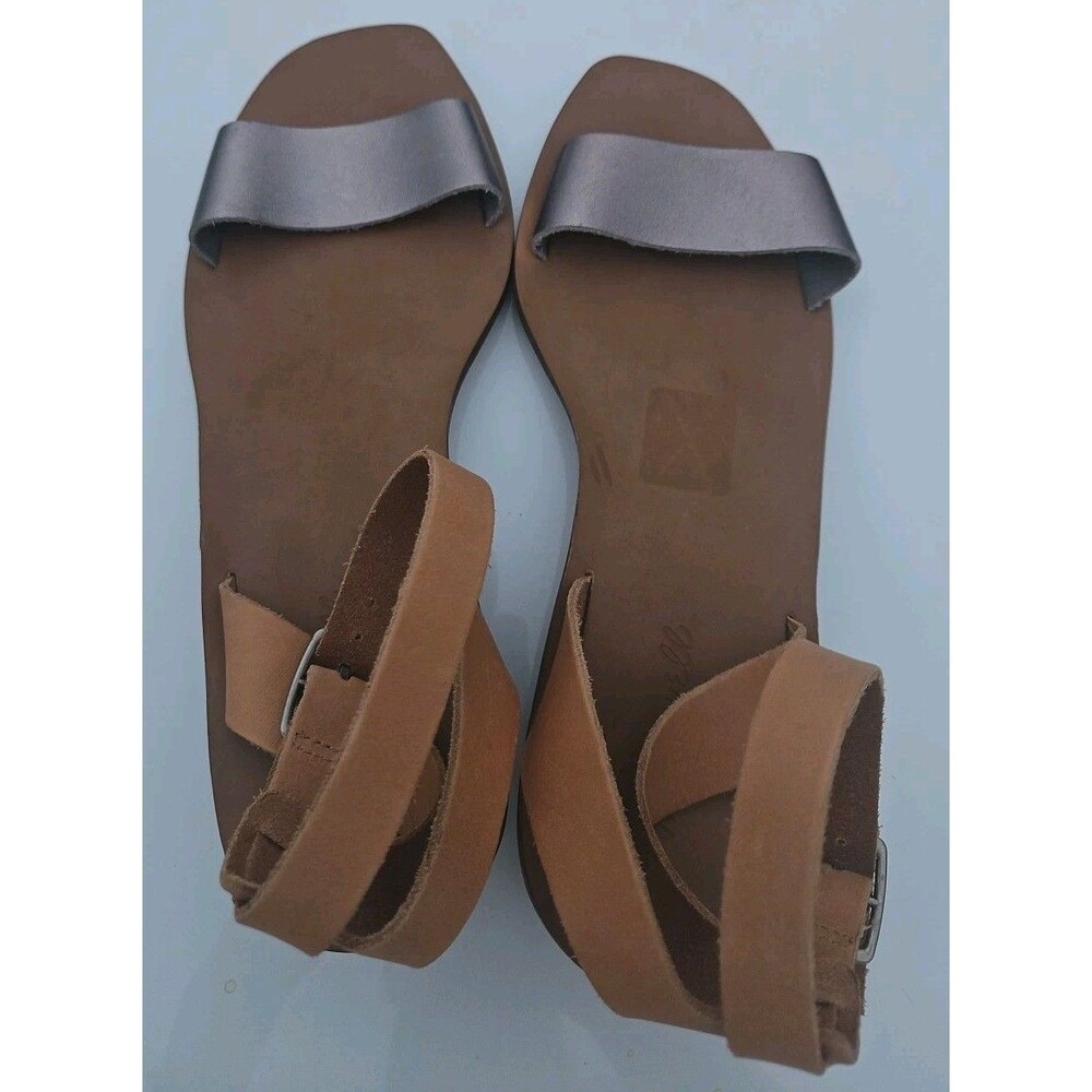 MADEWELL Veronique Block Heel Ankle Strap Sandals Sz 9 1/2 Pewter & Brown